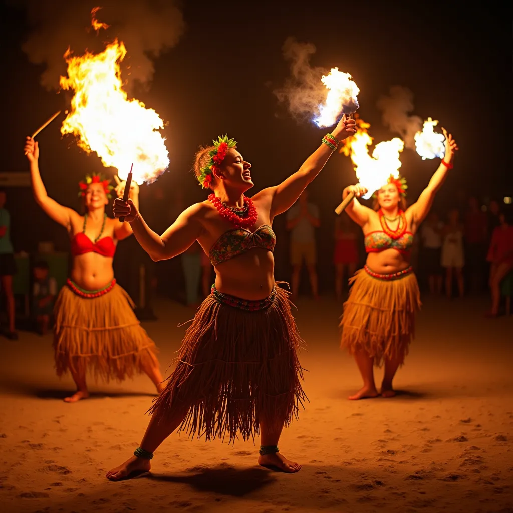 Prompt: Luau with fire dancers and buffet feast