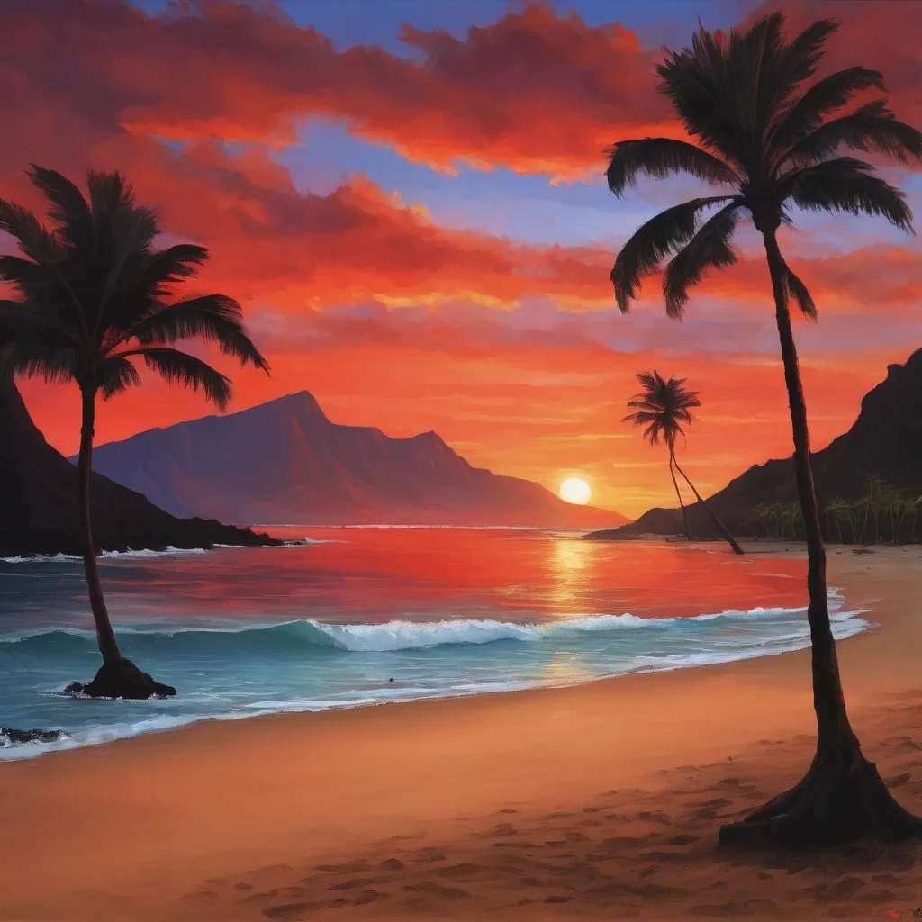 Prompt: Hawaiian Sunset with oranges and reds, include the beach with a Koa tree