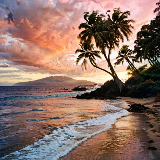 Prompt: Hawaiian Sunset with oranges and reds, include the beach with a Koa tree