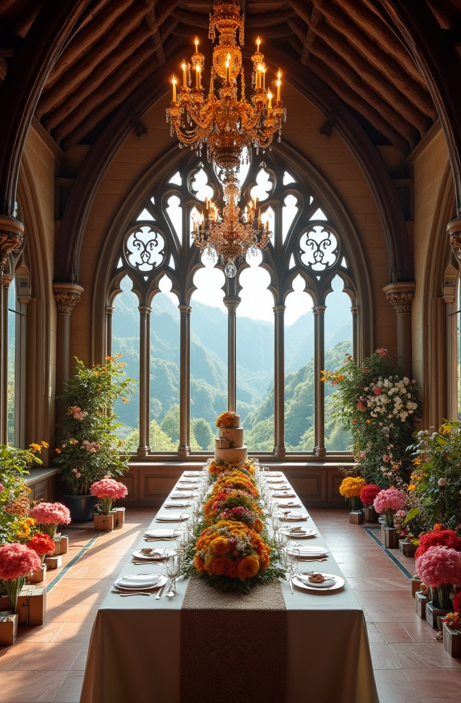 Prompt: The interior of a luxurious Gothic castle with a large dining table and a wedding cake in the center. Chandeliers hang from the high ceilings. Large windows overlook the valley. Colorful flowers and gifts flank both sides of the room. 
