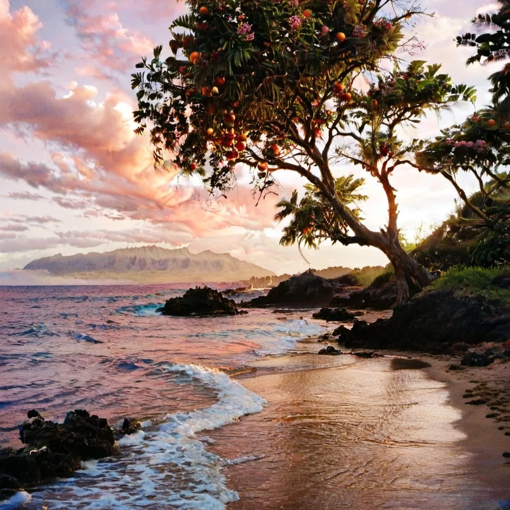 Prompt: Hawaiian Sunset with oranges and reds, include the beach with a Koa tree