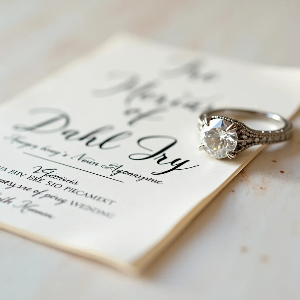 Prompt: wedding invitation with a diamond ring beside it