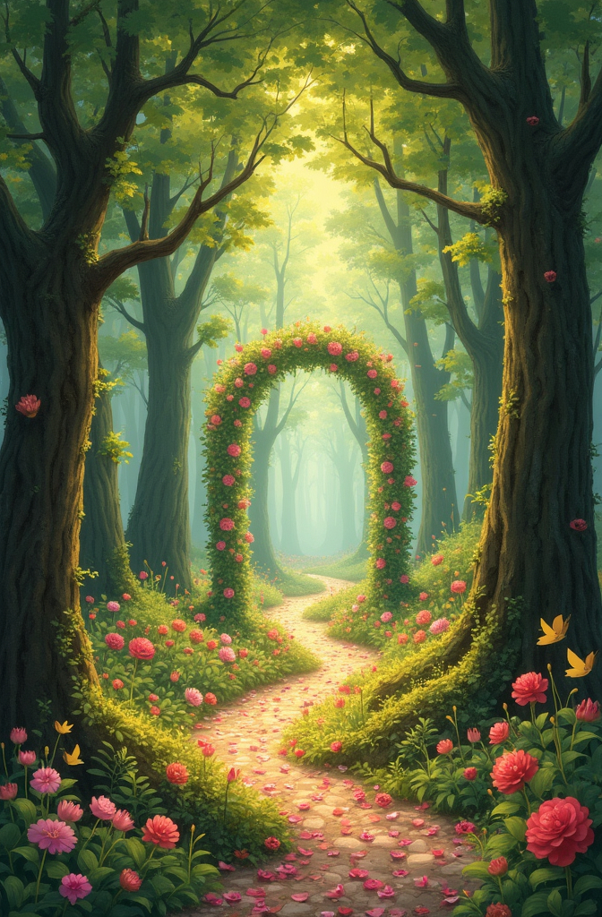 Prompt: An enchanted forest with small fairies, flowers, and a flower petal aisle through the trees leading to a flower archway.