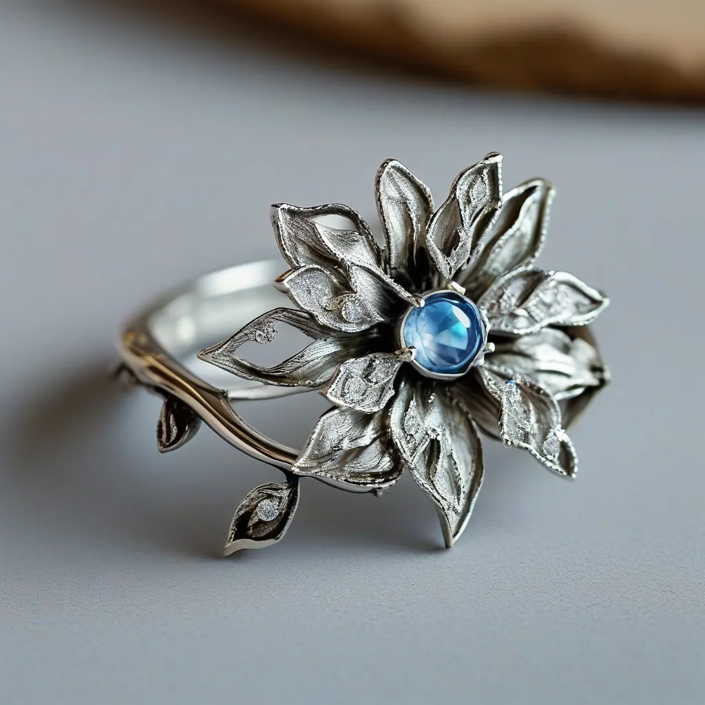 Prompt: A luxurious silver ring with an Alexandrite center and diamond petals surrounding it- making it look like a flower, silver vines on the band.