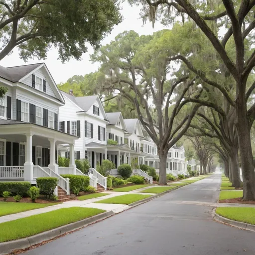 Prompt: Tree-lined street with 2 story southern homes and white picket fences