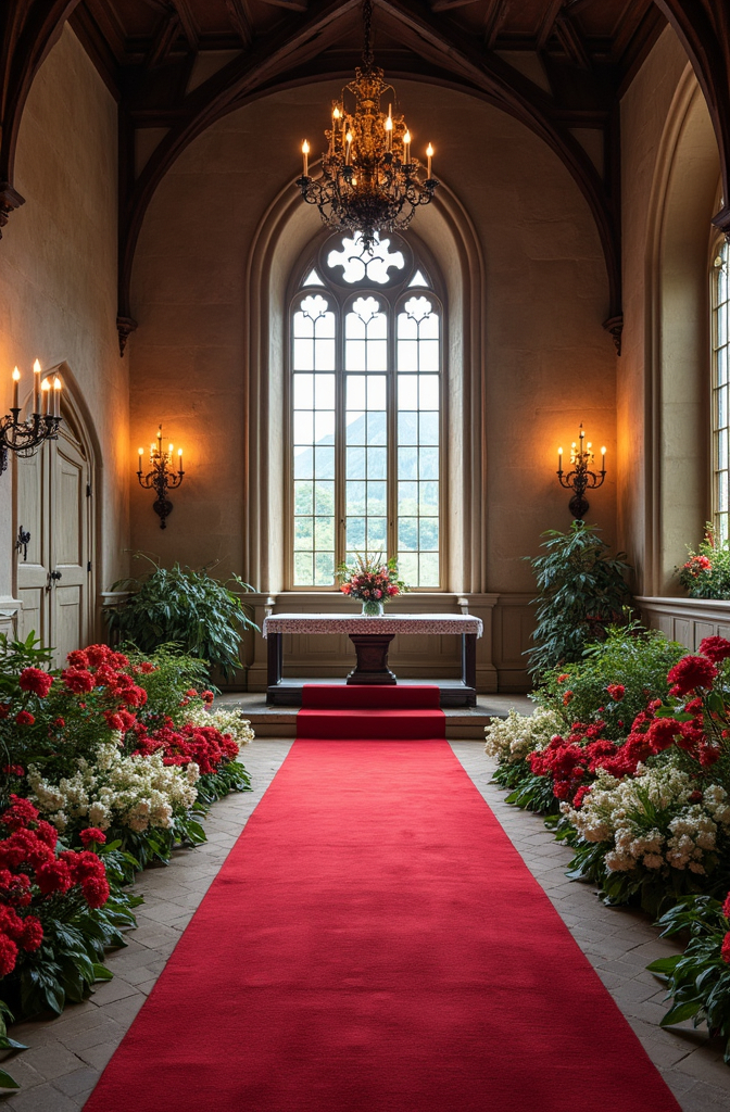 Prompt: The interior of a romantic Gothic castle with a red carpet leading to an altar. Chandeliers hang from the high ceilings. Large windows overlook the valley. Colorful flowers flank both sides of the room.
