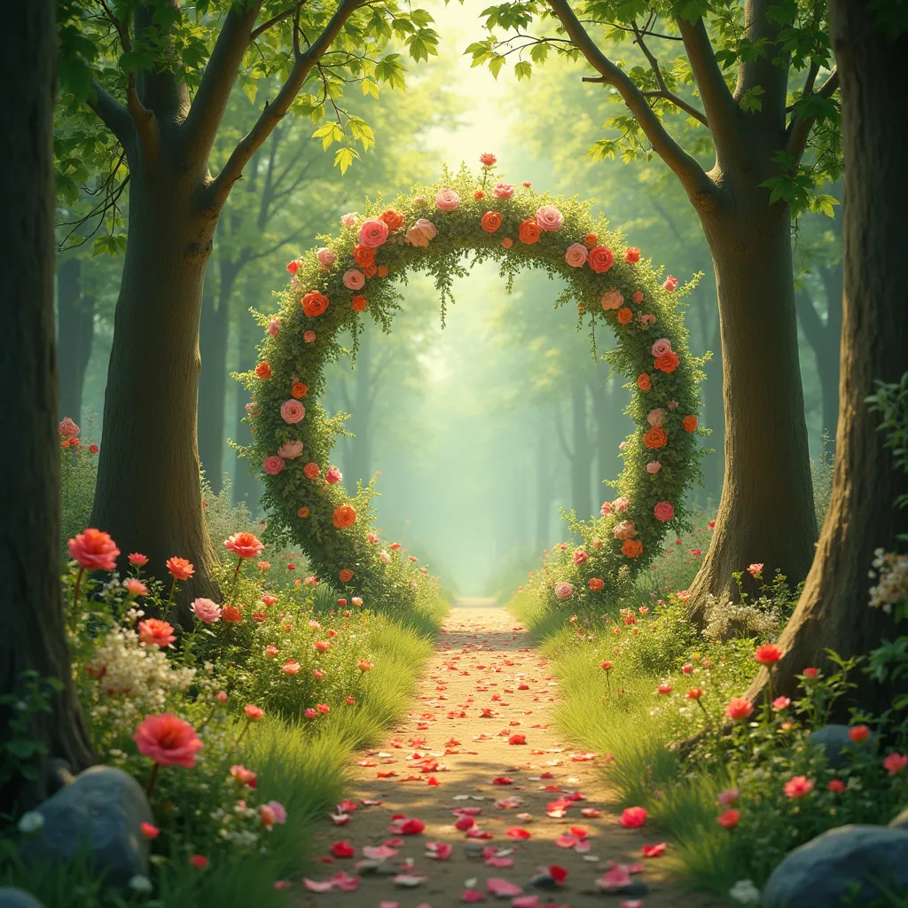 Prompt: An enchanted forest with small fairies, flowers, and a flower petal aisle through the trees leading to a flower archway.