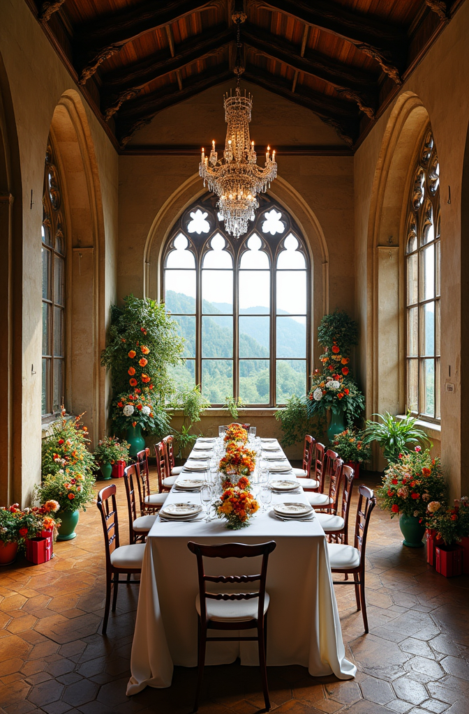 Prompt: The interior of a romantic Gothic castle with a large dining table, set for a wedding. Chandeliers hang from the high ceilings. Large windows overlook the valley. Colorful flowers and gifts flank both sides of the room. 
