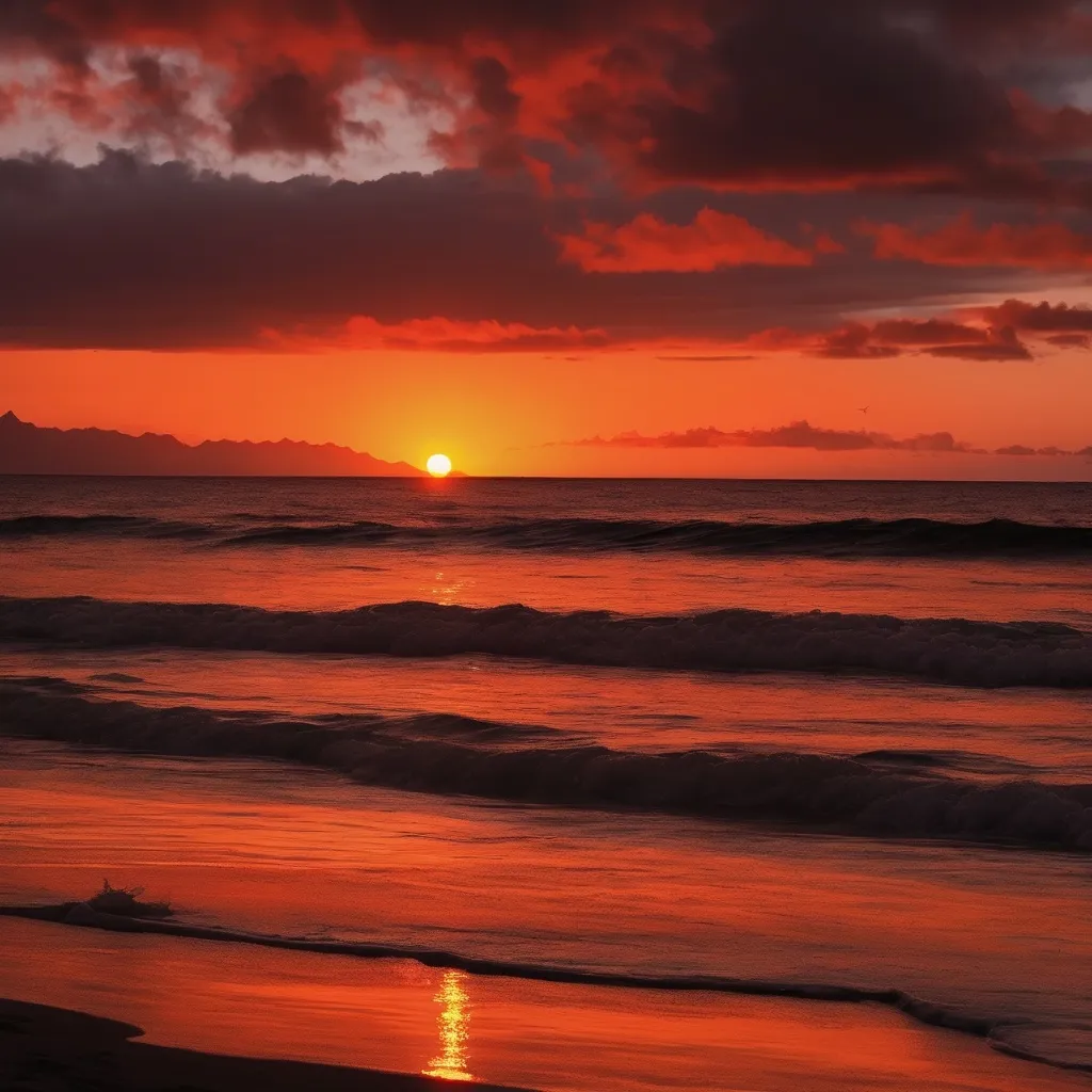 Prompt: Hawaiian Sunset with oranges and reds, include the beach