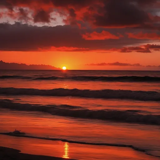 Prompt: Hawaiian Sunset with oranges and reds, include the beach