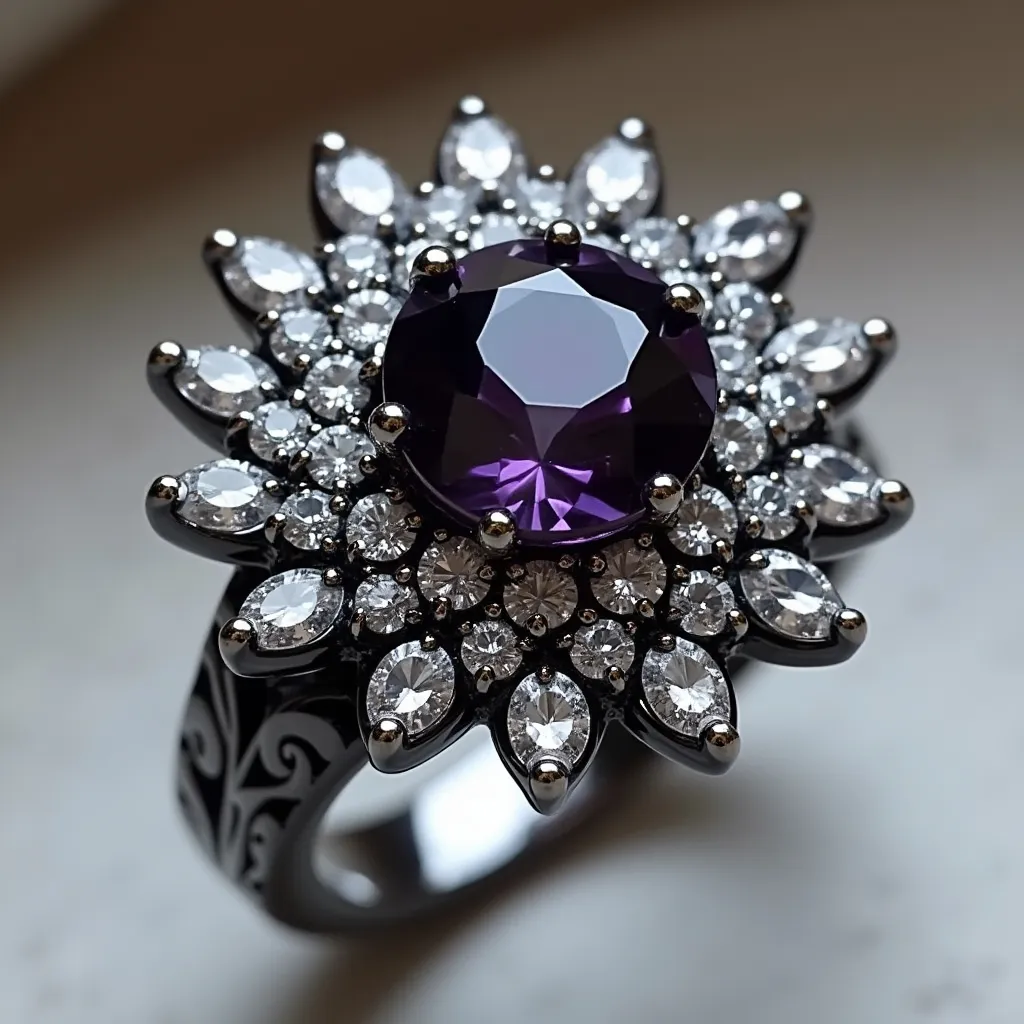 Prompt: A luxurious black gold ring with an dark purple diamond center and clear diamond petals surrounding it- making it look like a flower, silver vines on the band.