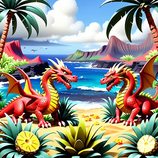 Prompt: Hawaiian landscape with dragons and pineapples