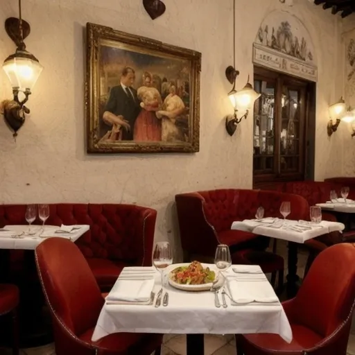 Prompt: a romantic Italian restaurant with people eating spaghetti