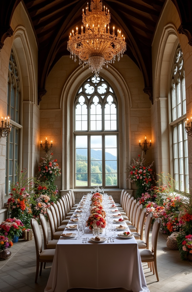 Prompt: The interior of a romantic Gothic castle with a large dining table, set for a wedding. Chandeliers hang from the high ceilings. Large windows overlook the valley. Colorful flowers and gifts flank both sides of the room. 
