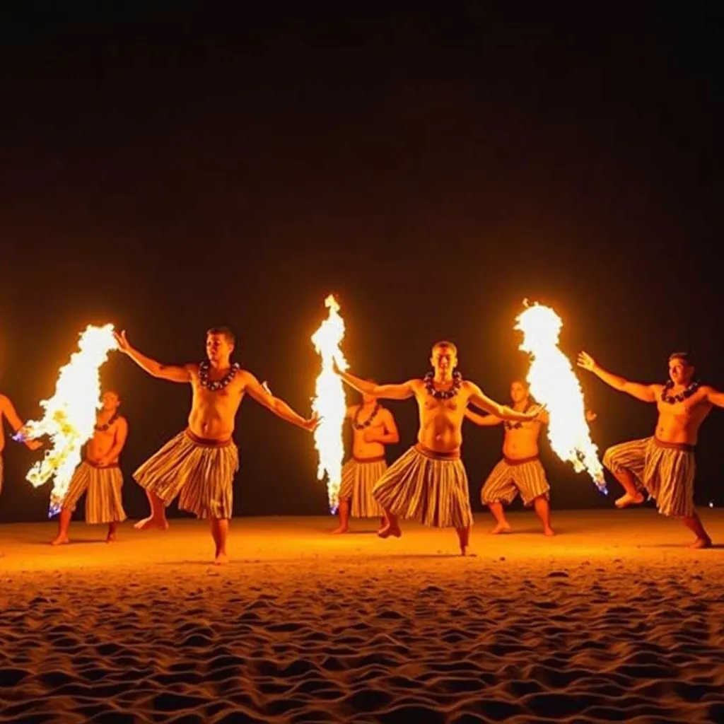 Prompt: Luau with fire dancers and buffet feast