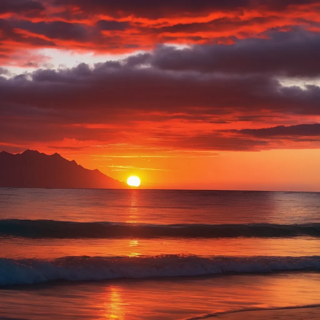 Prompt: Hawaiian Sunset with oranges and reds, include the beach