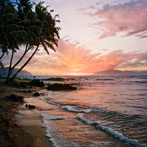 Prompt: Hawaiian Sunset with oranges and reds, include the beach with a Koa tree