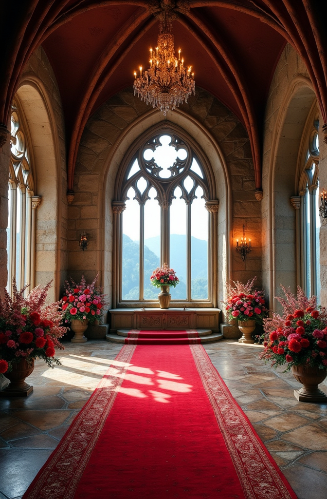 Prompt: The interior of a romantic Gothic castle with a red carpet leading to an altar. Chandeliers hang from the high ceilings. Large windows overlook the valley. Colorful flowers flank both sides of the room.
