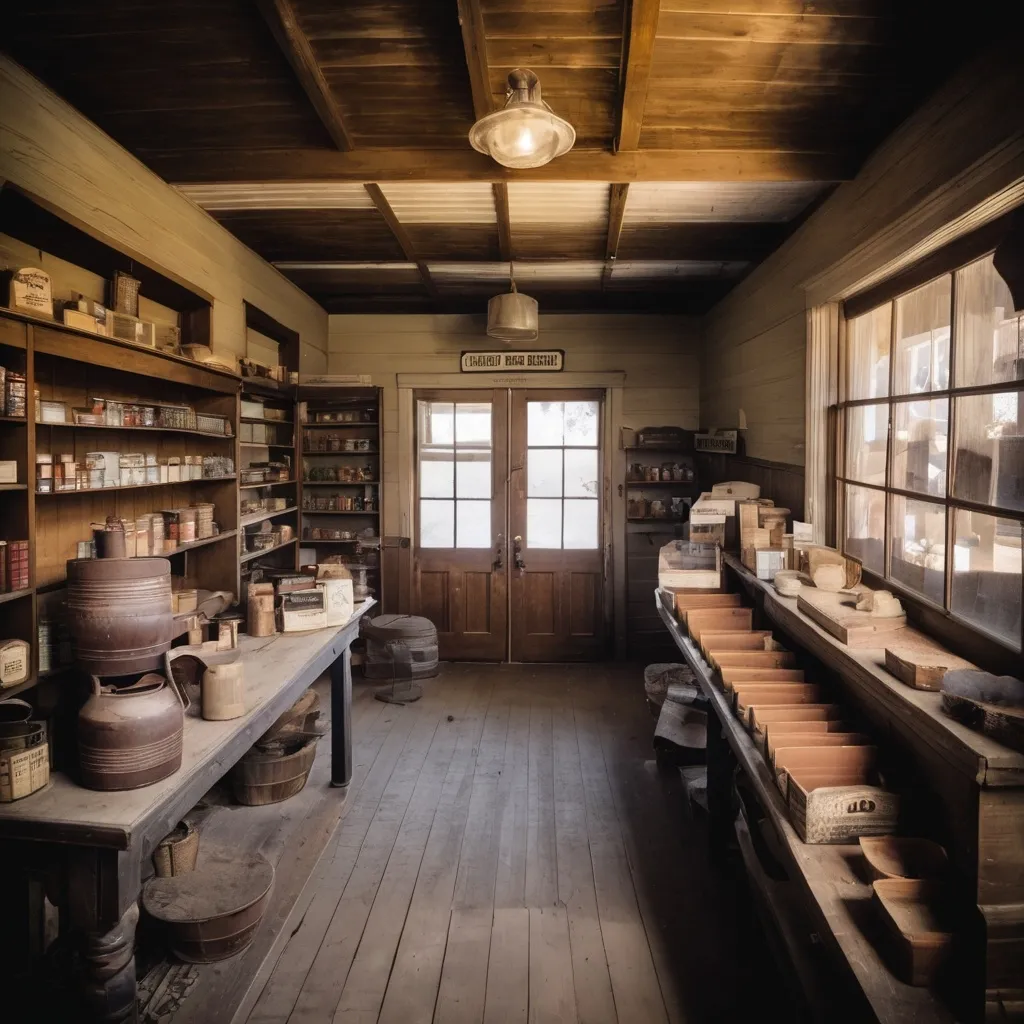 Prompt: inside an old pioneer days general goods store