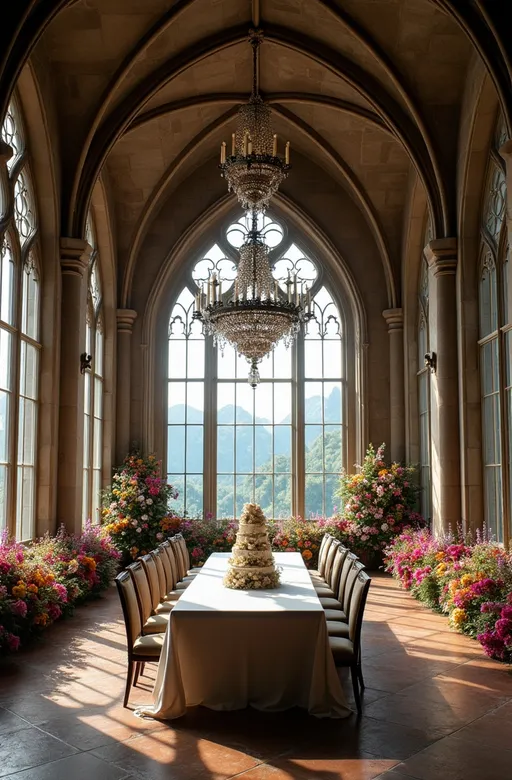 Prompt: The interior of a luxurious Gothic castle with a large dining table with chairs and a wedding cake in the center. Chandeliers hang from the high ceilings. Large windows overlook the valley. Colorful flowers flank both sides of the room. 
