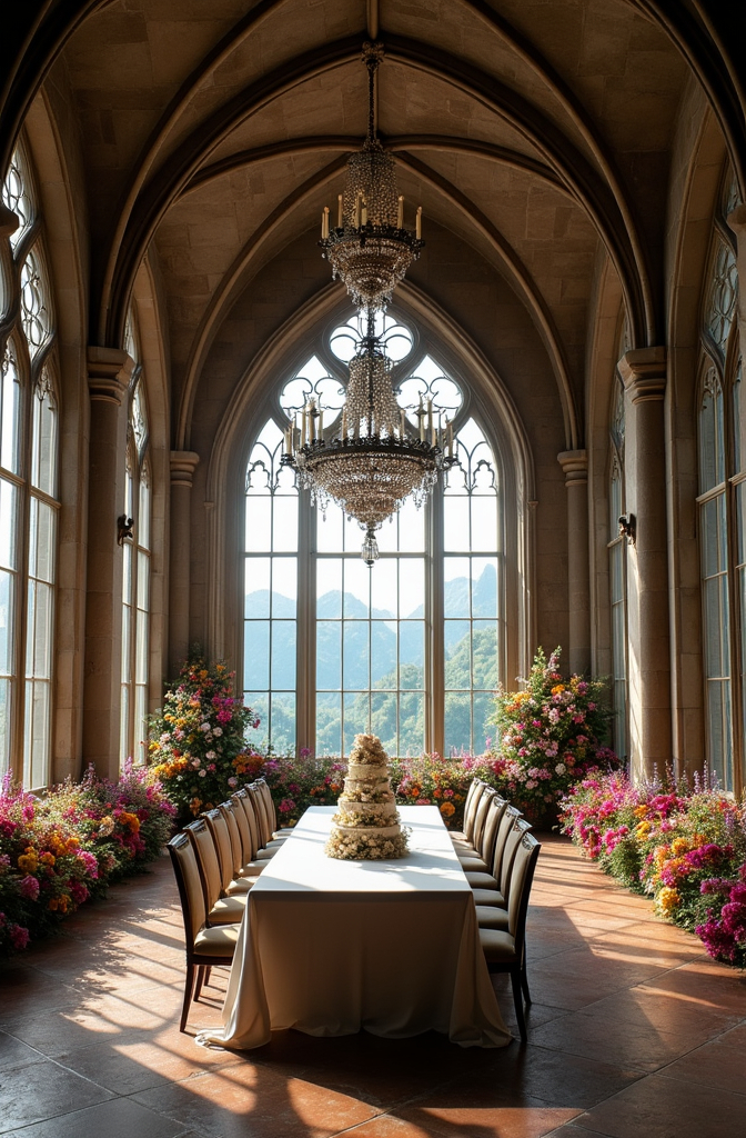 Prompt: The interior of a luxurious Gothic castle with a large dining table with chairs and a wedding cake in the center. Chandeliers hang from the high ceilings. Large windows overlook the valley. Colorful flowers flank both sides of the room. 
