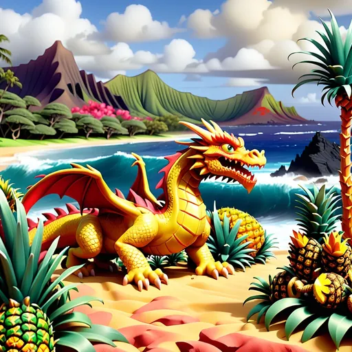 Prompt: Hawaiian landscape with dragons and pineapples