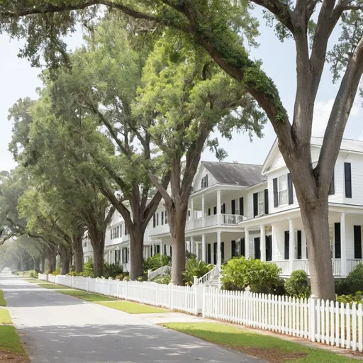 Prompt: Tree-lined street with 2 story southern homes and white picket fences