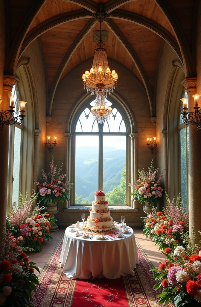 Prompt: The interior of a luxurious Gothic castle with a large dining table and a wedding cake in the center. Chandeliers hang from the high ceilings. Large windows overlook the valley. Colorful flowers flank both sides of the room. 
