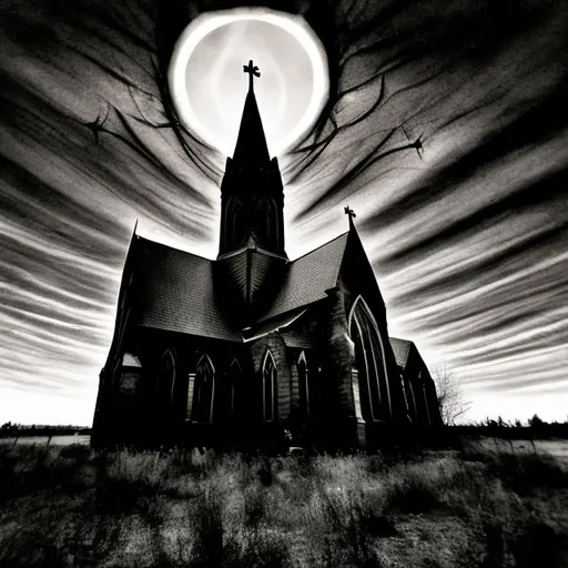Prompt: Lovecraftian gothic church in Midwestern town tentacles in the sky
