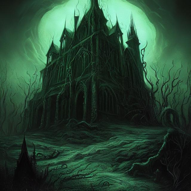 Prompt: LOVECRAFTIAN Horror church hills
