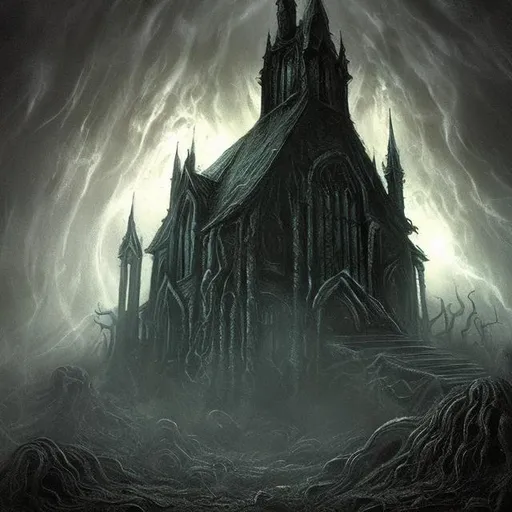 Prompt: LOVECRAFTIAN Horror church hills
