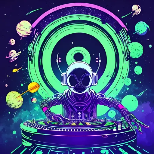 Prompt: Alien dj on decks coming out of a space ship illustration colourful space psychedelic 

