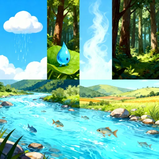 Prompt: Sure! Here is a simple and meaningful short story about water:


---

**💧 The Journey of a Drop of Water **

Once upon a time, high in the blue sky, there was a small water drop named Aqua. Aqua lived happily inside a big white cloud. One day, the cloud became heavy with too many water drops, and Aqua began to fall.

“Ahhh!” Aqua said as she fell from the sky.
But instead of fear, she felt free.

She landed gently on a green leaf in a quiet forest. The leaf smiled and said,
“Welcome, little drop! You will help me grow.”

Aqua stayed there for a while, helping the leaf stay fresh and healthy.
But soon the warm sun came and lifted Aqua back into the air.

Aqua became vapor—light, airy, and dancing up into the sky.
She joined a cloud again, floating peacefully.

But her journey did not end.

She fell again—but this time into a river.
There, she met fish, stones, and currents.

“Come with us!” the river sang.
And Aqua flowed happily through hills and fields, feeding plants and animals.

Finally, the river joined