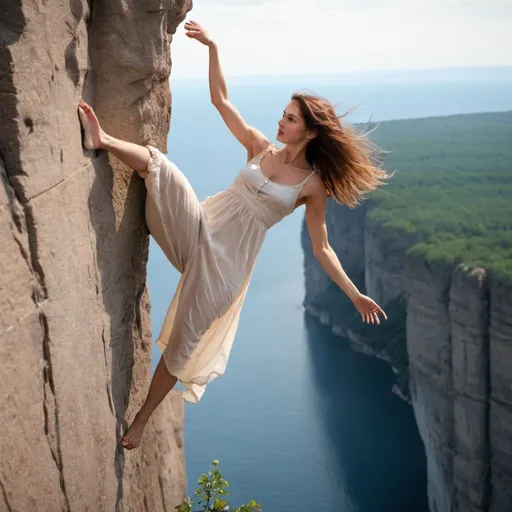 Prompt: a beautiful woman hanging from a high cliff. holding onto edge of cliff with one hand.