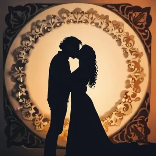 Prompt: silhouette of a white couple kissing. The man has his long hair in a bun, the woman has curls