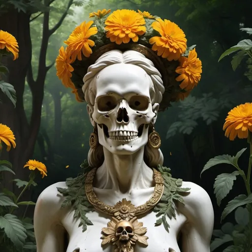 Prompt: Create a highly detailed and surrealistic digital art piece of a full length statue with a skull-like face and whole body integrated with nature. The statue should have intricate carvings resembling aged ivory or bone, with hollow eyes framed by blooming golden marigolds. The entire figure should be interwoven with vibrant flowers and lush green leaves, giving the appearance that the statue is both ancient and alive. The background should be a mystical, dense forest with soft, ambient lighting that highlights the ethereal and magical quality of the scene. Ensure the flowers and leaves appear fresh and vibrant, contrasting with the aged texture of the Statue.