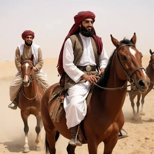 Prompt: Arab men riding a horse and wearing war clothes wearing turbans