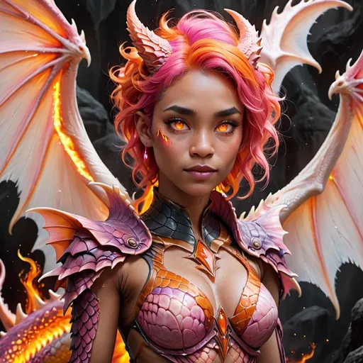 Prompt: (ultra-detailed) Woman with (vibrant pink hair) and (glowing orange eyes) transforming into (a majestic dragoness), shimmering scales sets, dramatic wings unfurling. (magical ambiance) A mystical background featuring swirling clouds, enchanting colors creating a surreal mood. (high fantasy) Energy crackles around, emphasizing transformation, (fantastical elements) warm light illuminating the scene, invoking a sense of wonder and awe.