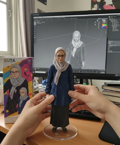 Prompt: "Ada dua tangan yang mengangkat akrilik patung sambil dengan gerakan sedikit memutar, memutarnya ke kiri dan ke kanan setelah meletakkannya kembali."