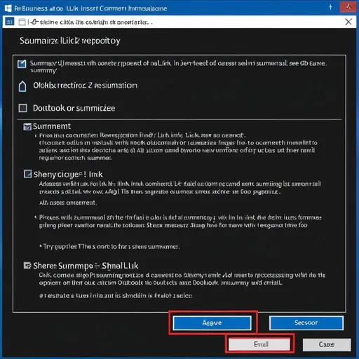 Prompt: As a business user I want my content repository app to generate and email with the summary of a selected document (which was selected within the Outlook add-in) and put it into an email that is being composed my me so that I can save time and effort when summarizing and sharing complex documents. In this case a user opens Outlook and starts composing a new email using the Outlook add-in. She selects a document that she needs to summarize and share.
She sees 2 options displayed in the add-in interface which indicates : 
"Summarize & Insert Link"
"Summarize & Attach Document"

When user clicks on the  add-in interface and navigates to the document repository. She selects a document that she needs to summarize and share and sees the "Summarize & Insert Link" option displayed in the add-in interface and She clicks it. System fails to generate the summary due to an issue (e.g., network error, AI processing failure).
The add-in displays an error message indicating the failure (e.g., "Failed to generate summary. Please try again later."). User is presented with options to retry the request or cancel the operation or just Insert the link. User  decides to retry the request. The Outlook add-in displays the "Processing request..." message again.

Come up with a design for for the dialog box such as message along with a names for the buttons on this dialog box for each of the error scenarios listed above