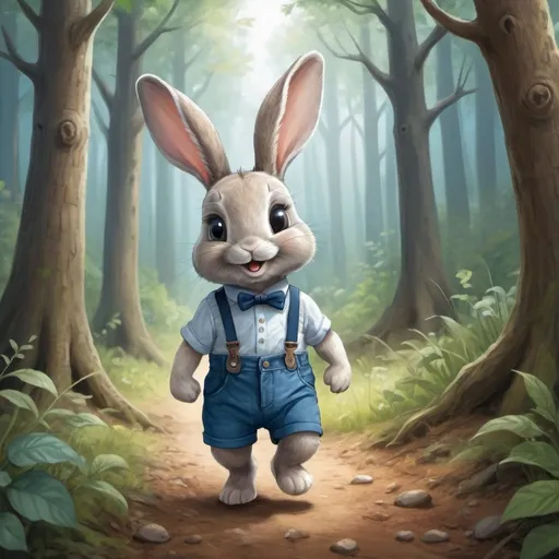 Prompt: draw a baby bunny for a children's book. a bunny walks through the forest. The bunny has blue shorts with suspenders