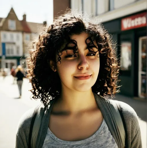 Prompt: Tall young woman walking down the high street, detailed clothing, realistic, natural lighting