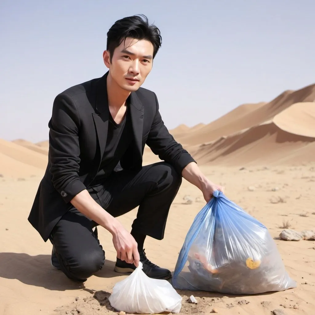 Prompt: A Chinese male star named Hu Ge is picking up trash in the desert