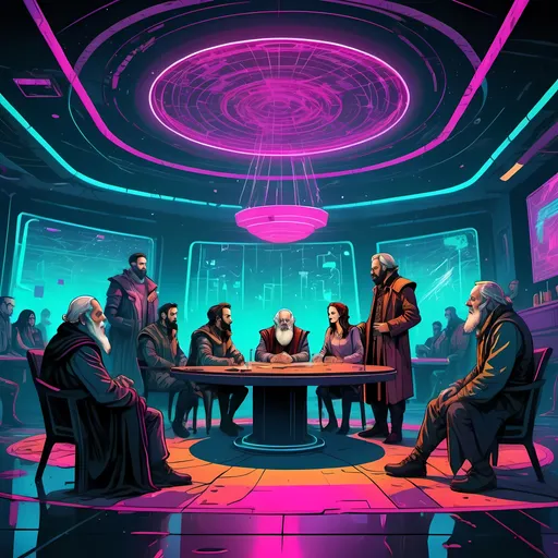 Prompt: 1st scene of Shakespeare's King Lear meeting with all the characters, cyberpunk meeting room, cyberpunk grunge style clothing, vector art style, thin line art style, " Disney's Tangled" character style