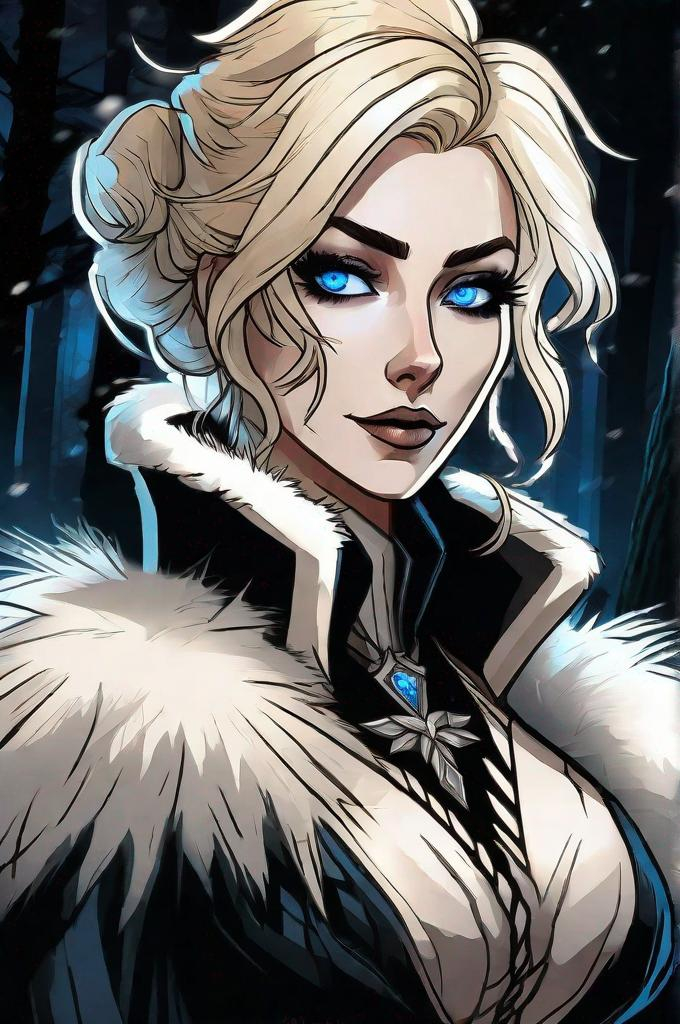 Prompt: anime portrait of a woman, blue anime eyes, short messy intricate blonde hair, pale skin, wearing a long black coat with white fur trim, shimmer in the air, symmetrical, in Darkest Dungeon style, fantasy forest background, digital painting, concept art, standing at an angle, arms crossed, looking into camera, zoomed out.