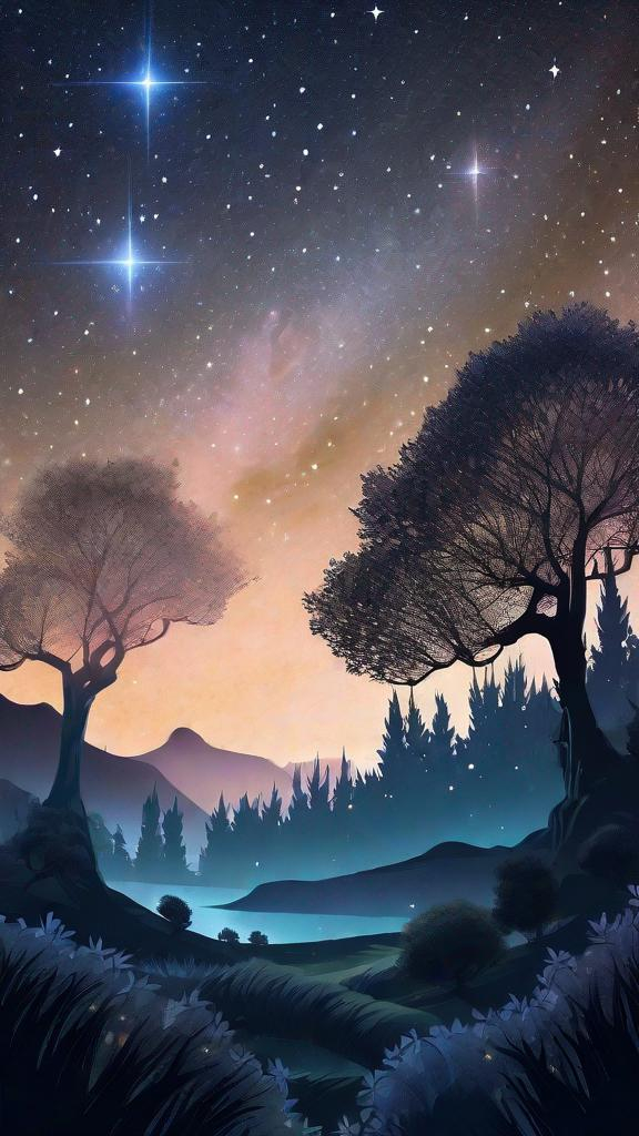 Prompt: A dreamlike landscape with a starry sky and trees in the foreground