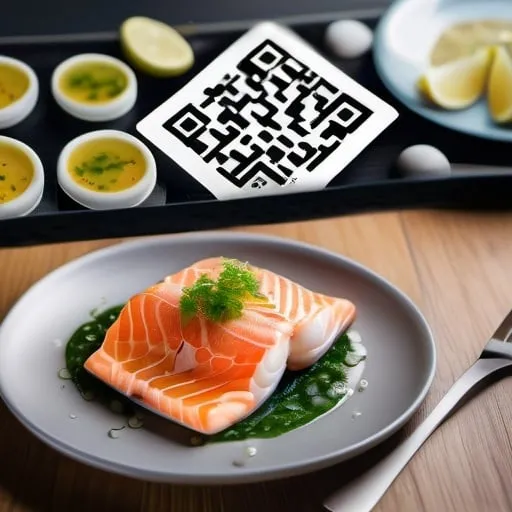 Prompt: Seafood fish dish with scannable QR code label, adjacent high quality, realistic, minimalistic, modern, fresh, detailed fish scales, vibrant color palette, natural lighting, QR code, professional photography, 4k, ultra-detailed, minimal, realistic, modern, fresh, vibrant colors, natural lighting