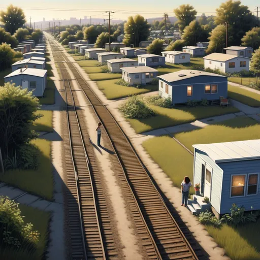 Prompt: mobile home community, (vulnerable atmosphere), railroad tracks nearby, (contrast between mobility and poverty), residents looking worried, evening light casting long shadows, overgrown weeds encroaching, sense of impending change, somber mood, (high detail), (realistic representation), focus on emotional impact of displacement.