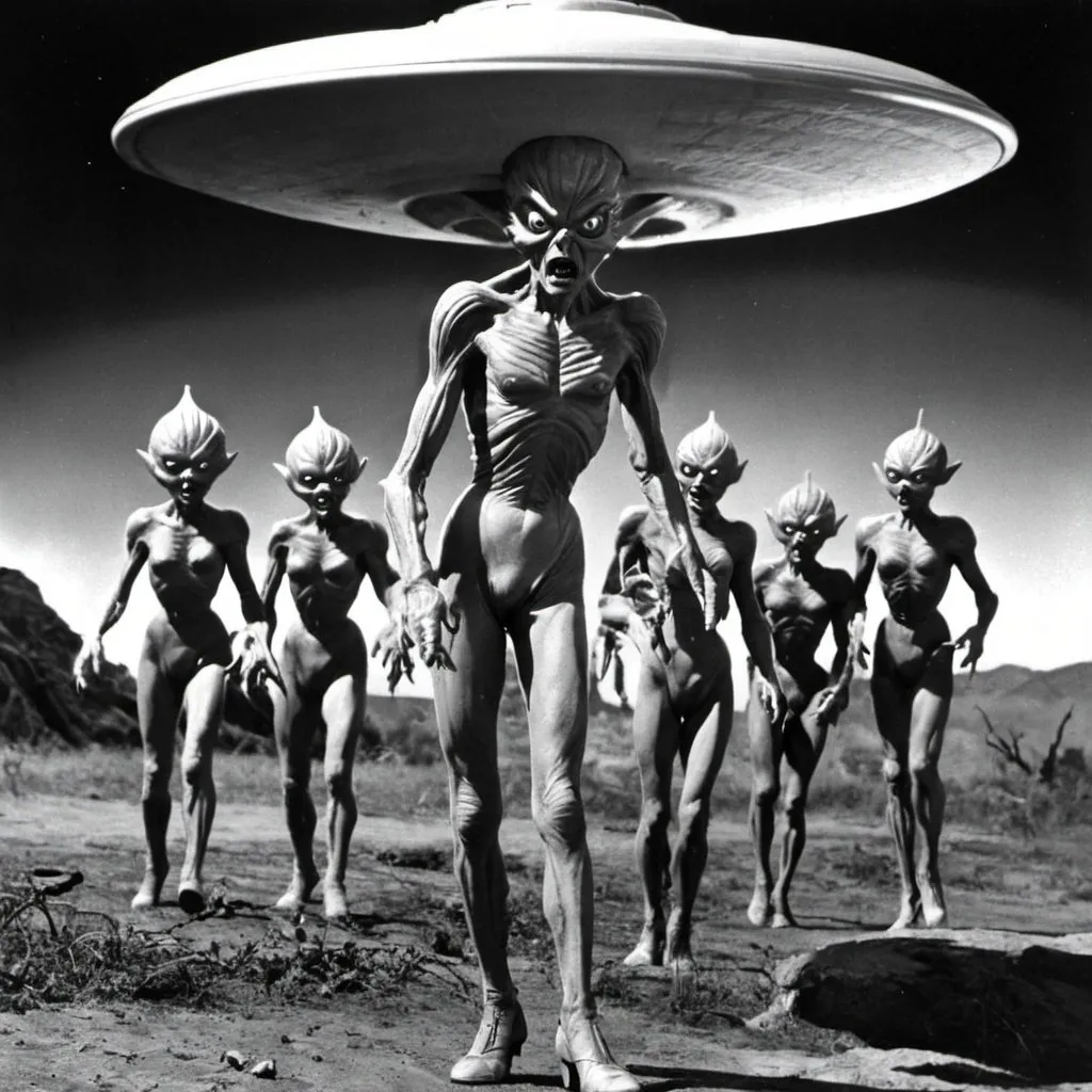 Prompt: invasion of the saucer men vintage 1950's sci fi movie
