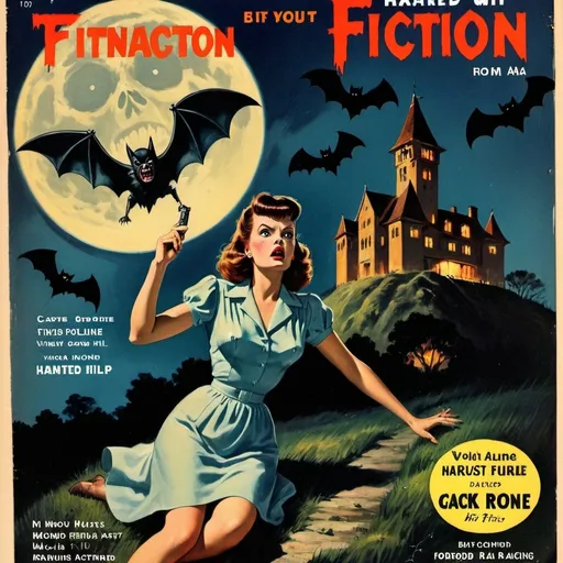 Prompt: haunted castle on a hill with a full moon bats flying around with a terrified woman vintage 1940's horror pulp fiction magazine cover